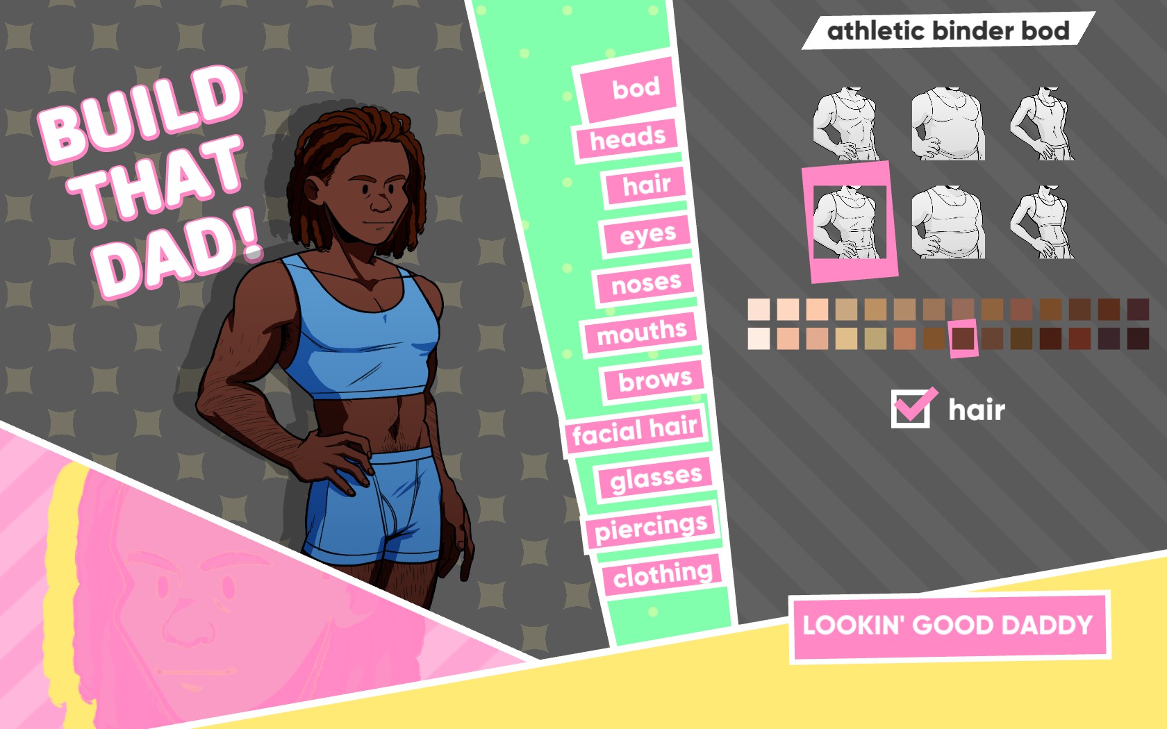 A masculine figure on a character creator, which says, 'Build that dad!' Options are: bod, heads, hair, eyes, noses, mouths, brows, facial hair, glasses, piercings, and clothing. 'Bod' is selected, with six image options, many colour options, a checkbox for 'hair', and the label 'athletic binder bod'.
