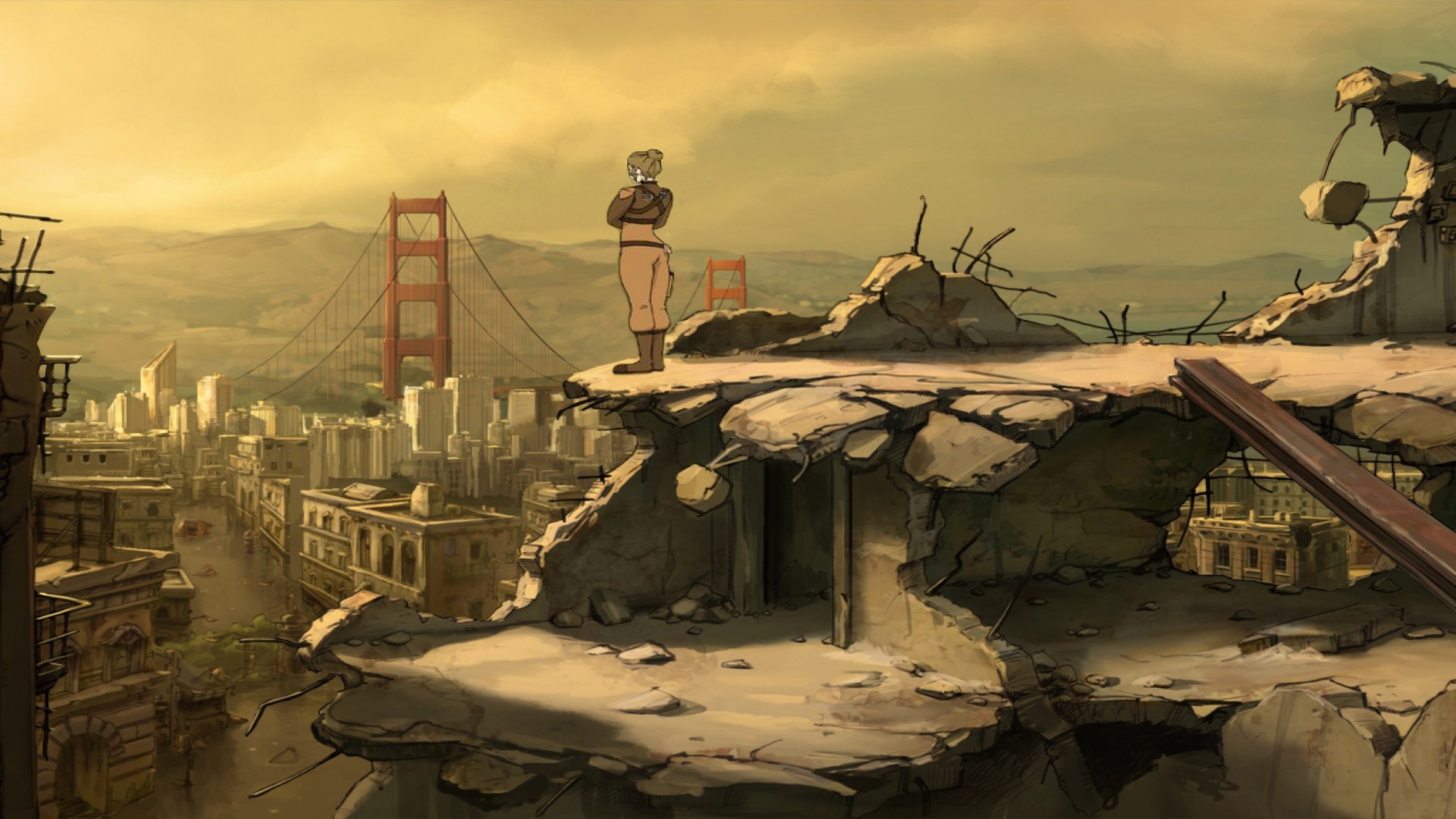 A femme appearing person in military attire stands in the foreground and looks out at a destroyed city, including the Golden Gate Bridge.