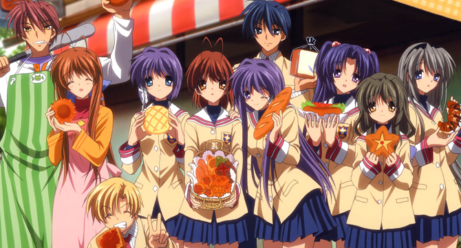 Ten figures gather together holding assorted breads and pastries.