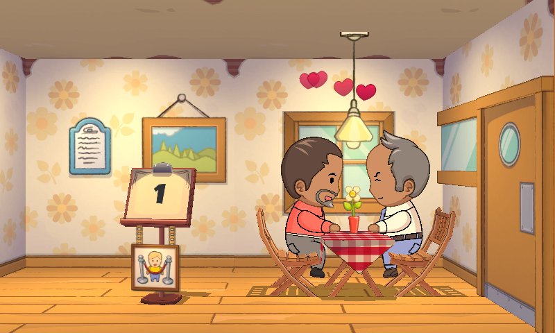 Two masculine figures sit together at a table in a cafe with love hearts above them.