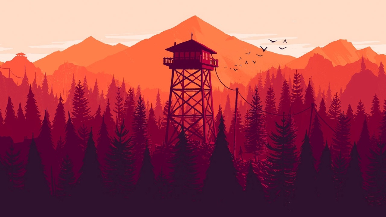 A distant watch tower surrounded by pine trees, mountains, and flying birds.