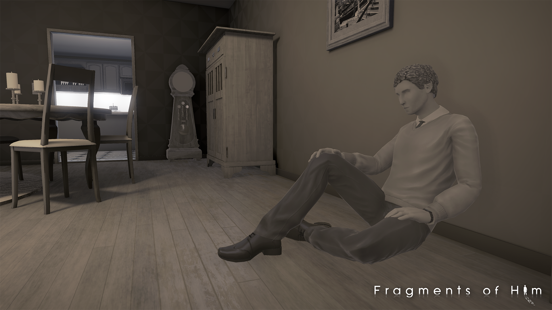 A masculine figure sits against a wall on the floor of a living room.