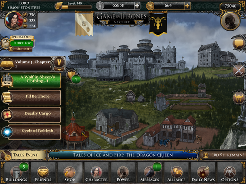 A medieval castle and several buildings are overlayed by a game interface. A character portrait is next to the name 'Lord Simon Stonetree', who is level 145. Quest information reads, 'Volume 5, chapter 1: A wolf in sheep's clothing, I'll be there, Deadly cargo, Cycle of rebirth'. A menu reads, 'Tales event, tales of ice and fire, the dragon queen. Buildings, friends, shop, character, power, messages, alliance, daily news, options'.