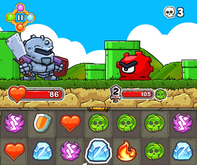 An armoured figure approaches a frowning slime creature with one eye. Several symbols are beneath them, including lightning, a shield, a love heart, skulls, ice crystals, and flames.