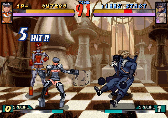 Two figures fight on a checked floor, with their health bars and the word 'hit' overlayed.