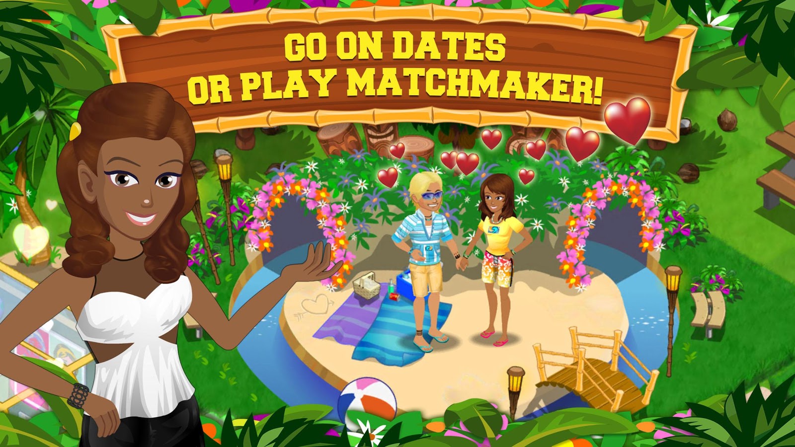 A femme looking person and a gender ambiguous person hold hands on a sandy island near two tunnels in a park. Femme looking person gestures towards text. Text reads 'Go on dates, or play matchmaker'.