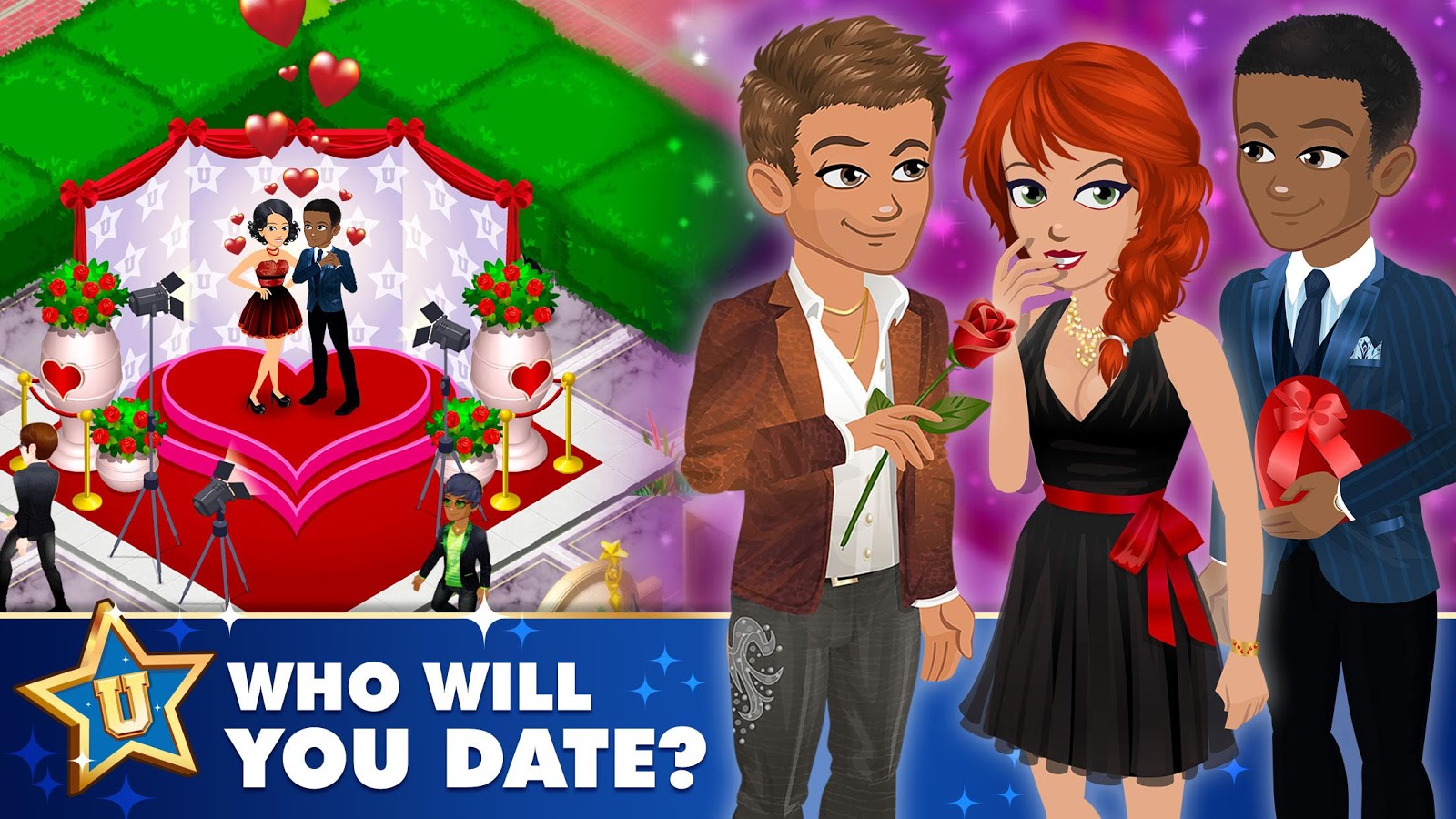 Left, a masc looking person and a femme looking person standing on a heart shaped stage with lights set up surrounded by hedges. Text reads 'Who will you date?'. Right, a femme looking person and two masc looking people turned towards them, one holding a rose and the other holding a heart shaped box.