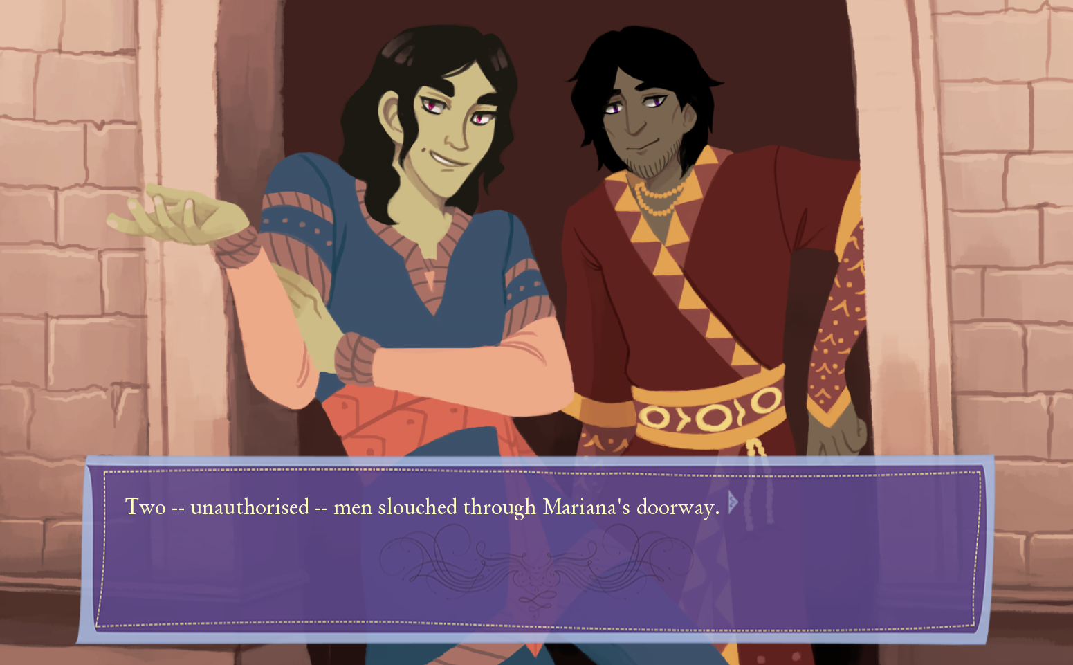 Two gender ambiguous people slouch in a doorway. Text reads 'Two unauthorised men slouched through Mariana's doorway.'.
