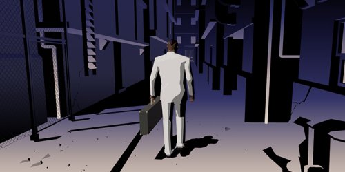 Masc looking person wearing a suit and carrying a briefcase walking in a dark alleyway.