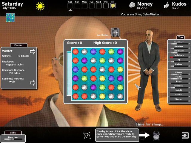 A grid of jewels, with a masc looking person standing next to it. Text reads 'Saturday July 2006' and 'Money 2 dollars 55 cents' and 'Kudos 4.72' and 'You are a slim, calm waiter'. There are various progress bars along the sides.