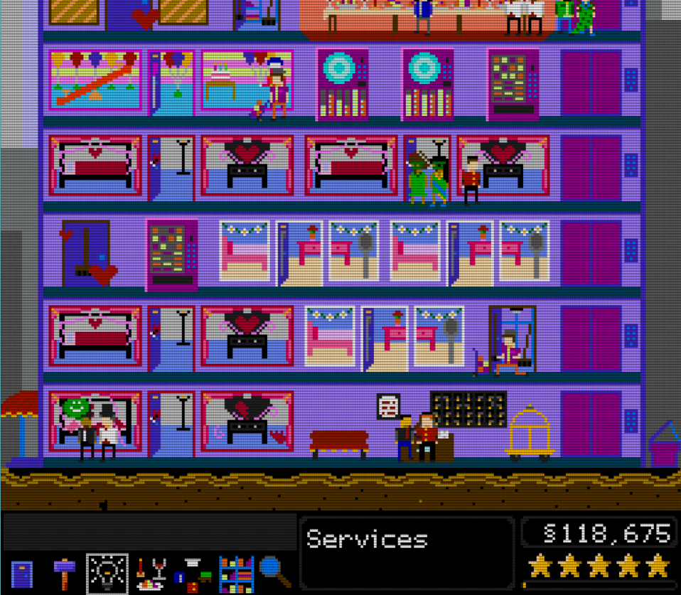 A cheerful looking hotel with multiple floors and many different styles of rooms. Pairs of people are in different rooms. Text reads 'Services' and '118,675 dollars'.
