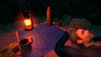 Masc looking person lying down outdoors at night. Picnic rug and table with stargazing map, drink, radio and lantern.