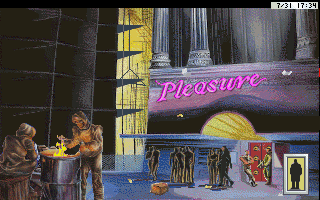 Two figures gather around a fire in a trash can. Several other figures crowd outside a building with the word 'Pleasure' on the side.