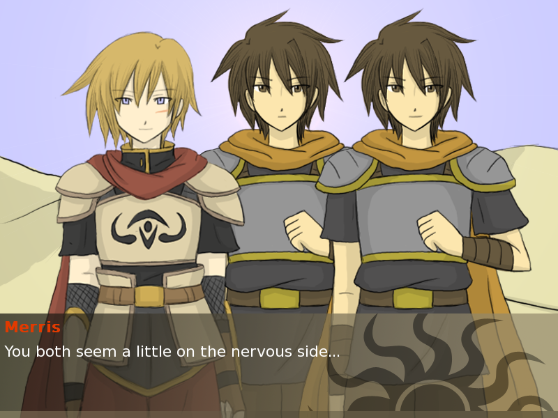 Three gender ambiguous people wearing armour and capes. Dialogue reads 'You both seem a little on the nervous side.'.