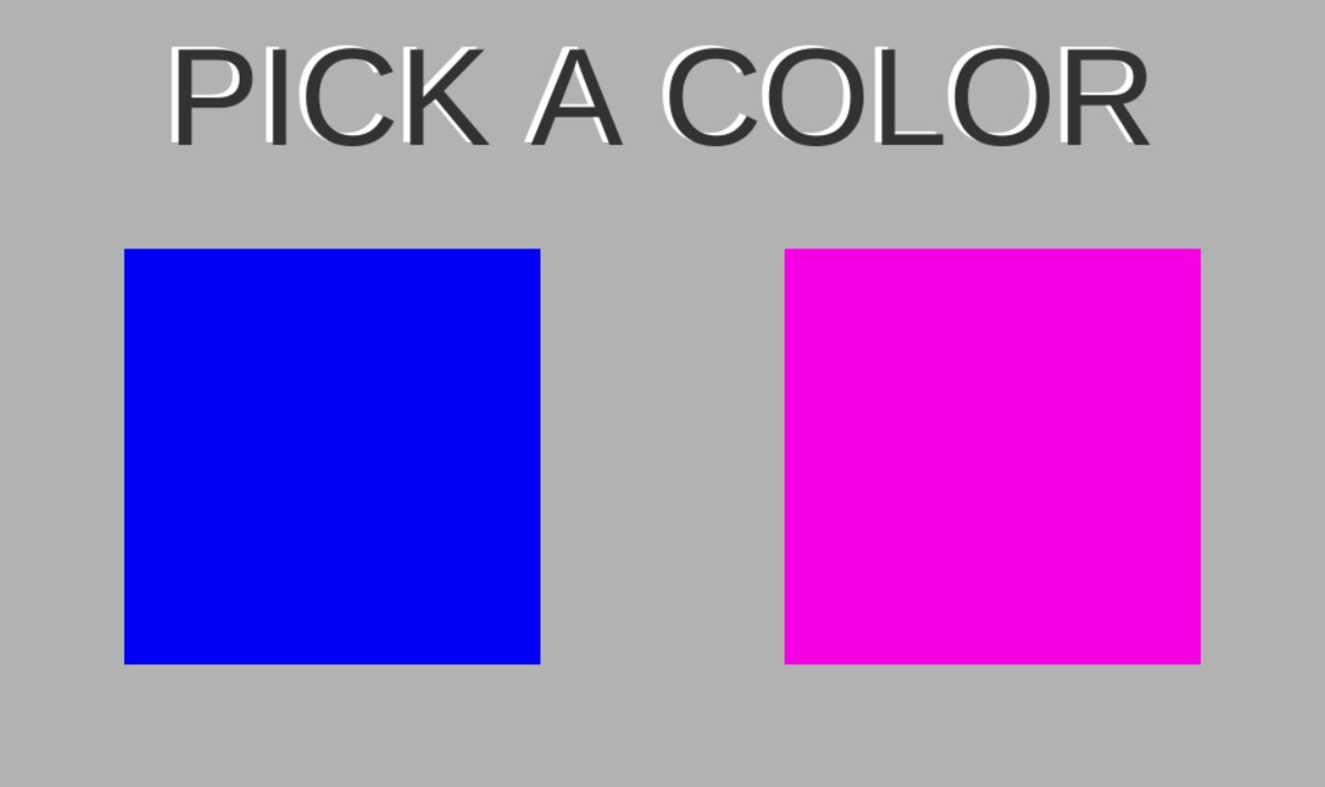 Text reads 'Pick a color'. Two coloured squares, one pink one blue.