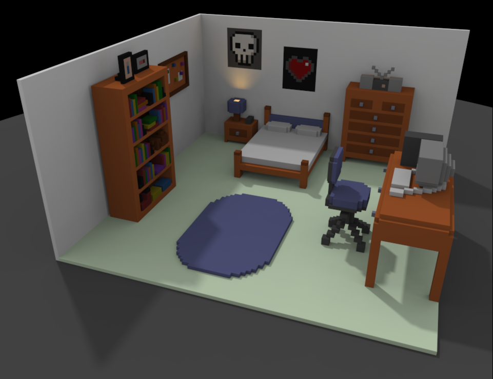 A bedroom with a bed, bookshelf, chest of drawers, stereo, computer at a desk, a pinboard and a lamp. Posters on walls.