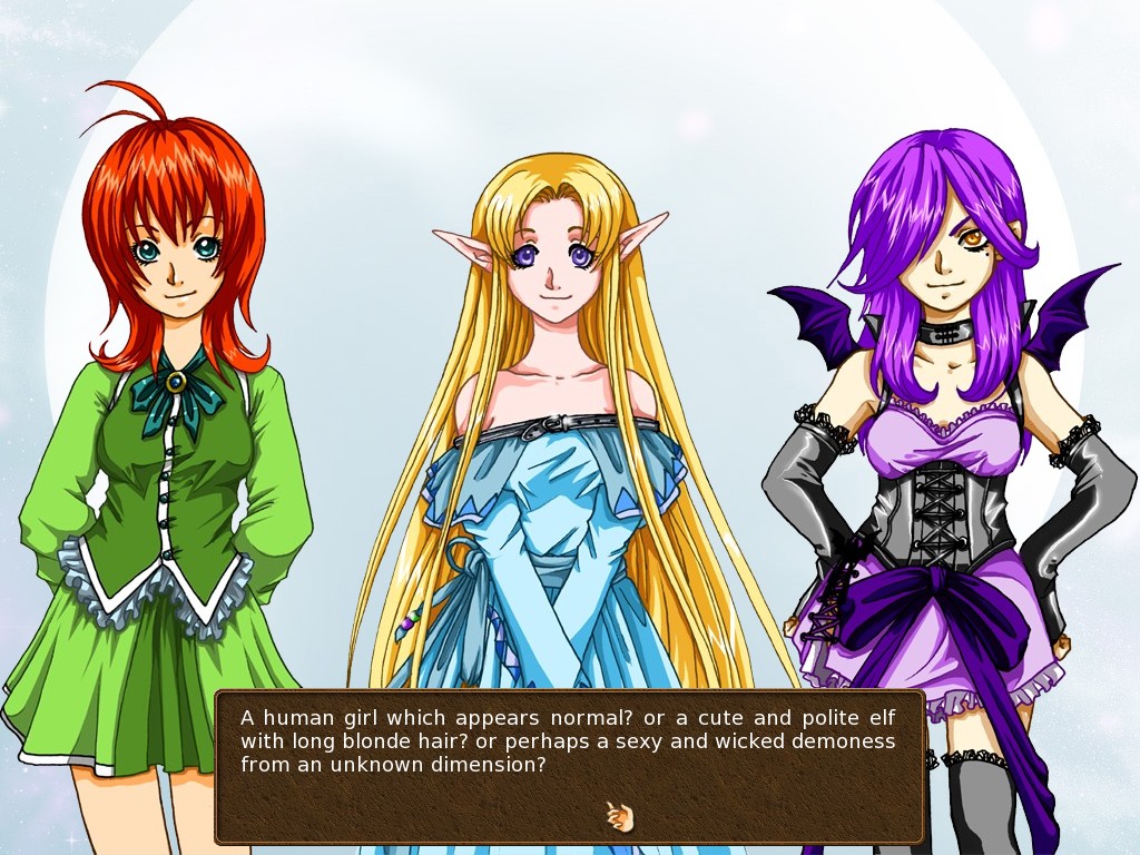 A femme looking person, a femme looking person with elf ears, and a femme looking person with wings standing. Dialogue reads 'A human girl which appears normal? Or a cute and polite elf with long blonde hair? Or perhaps a sexy and wicked demoness from an unknown dimensions?'.