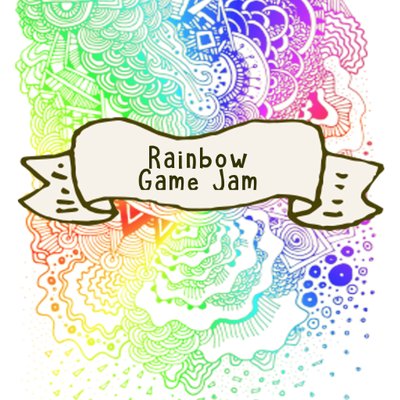 Rainbow spiralling patterns with text reading 'Rainbow Game Jam.'.