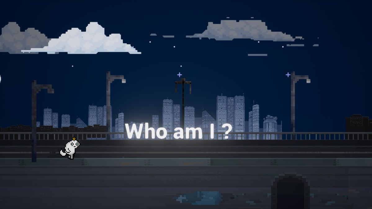 An animal figure stands on a bridge at night with a city in the background and the glowing text, 'Who am I?'