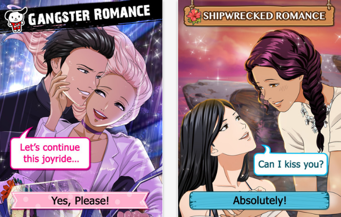 Two screens. Left, a masc looking person and a femme looking person in an embrace. Text reads 'Gangster romance' and 'Let's continue this joyride' and 'Yes, please'. Right, two femme looking people staring lovingly at each other. Text reads 'Shipwrecked romance' and 'Can I kiss you?' and 'Absolutely'.