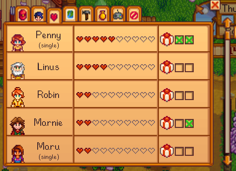 A screenshot of the Stardew Valley showing different characters the player can date.